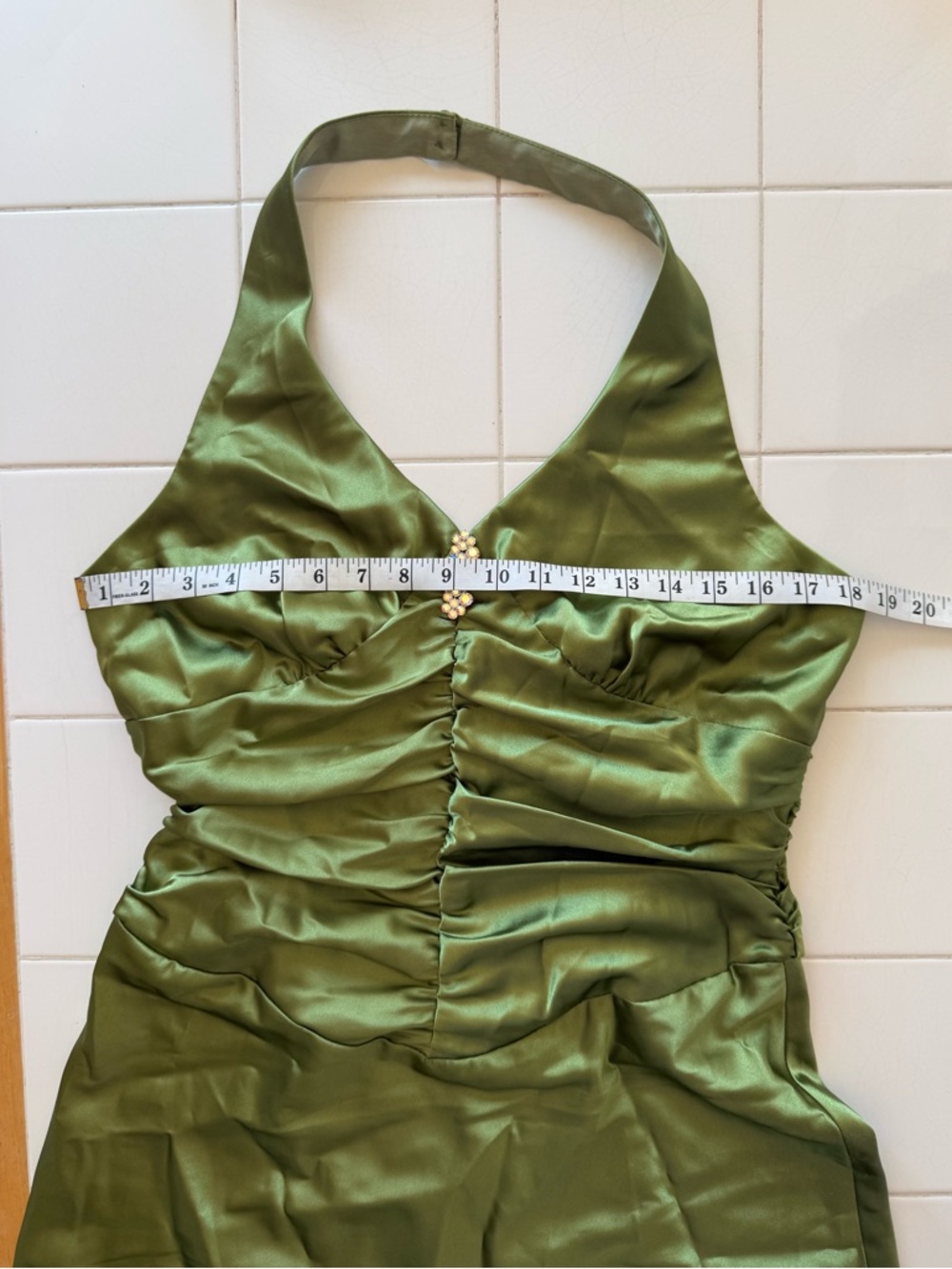 Vintage 90s Satin Slip Green Prom Dress Halter Rouched Maxi Gown Size 13/14 - Picture 14 of 17